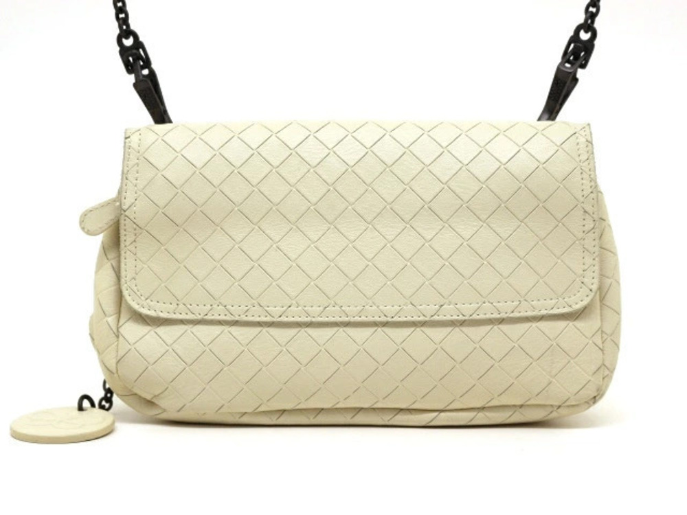 BOTTEGA VENETA Intrecciato Mirage Chain Shoulder Bag Calfskin Off White